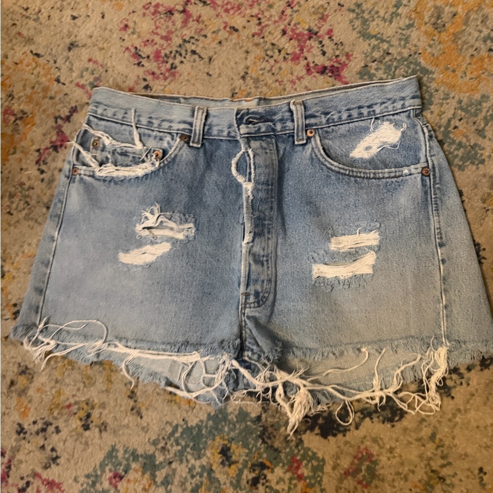 Vintage Distressed Light Blue Denim Shorts - Women's